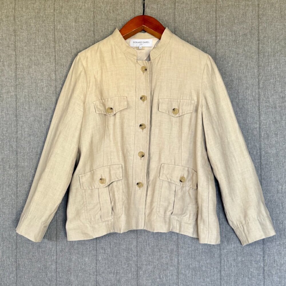 Gerard Darel Paris 100% Linen Oatmeal Light Tan Blazer Utility Jacket Size‎ 14